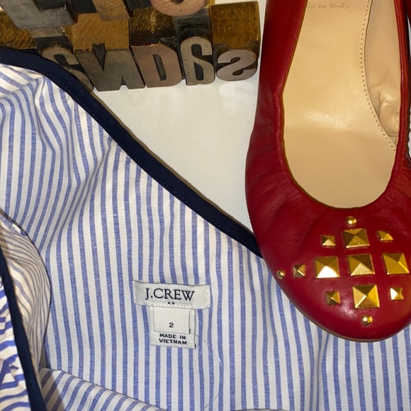 J. CREW FACTORY One Shoulder Ruffle Blue & White Striped Top with Navy Trim - Picture 7 of 10